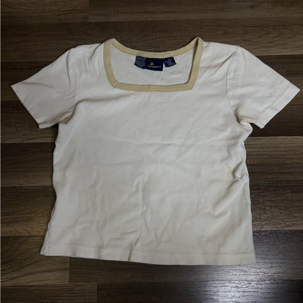 Lizsport White Beige Square Neck Short Sleeve Cotton cropped women’s T-Shirt M